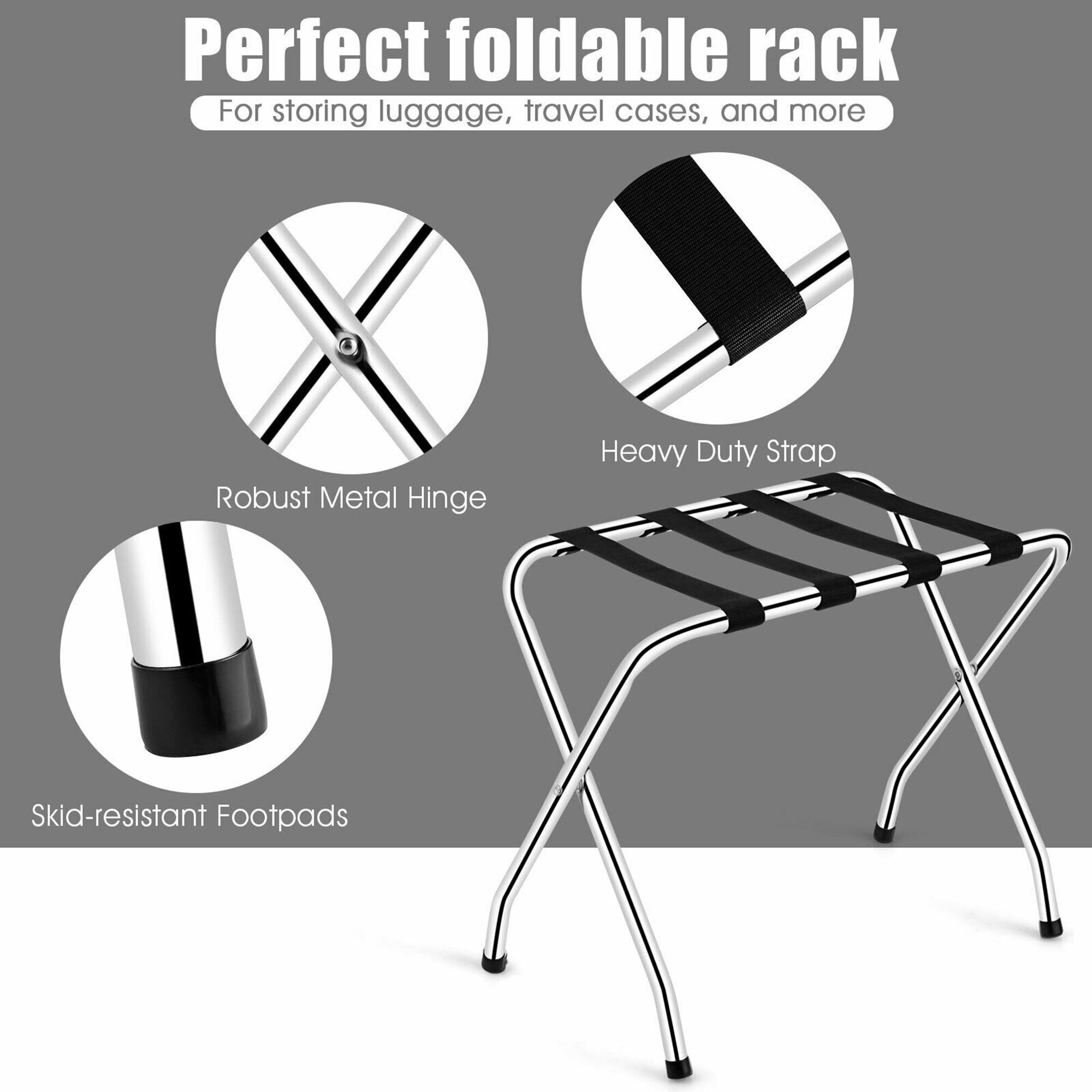 Perfect foldable rack  
For storing luggage, travel cases, and more  

- Robust Metal Hinge  
- Heavy Duty Strap  
- Skid-resistant Footpads