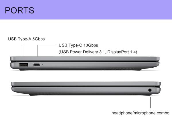 PORTS

USB Type-A 5Gbps

USB Type-C 10Gbps (USB Power Delivery 3.1, DisplayPort 1.4)

headphone/microphone combo