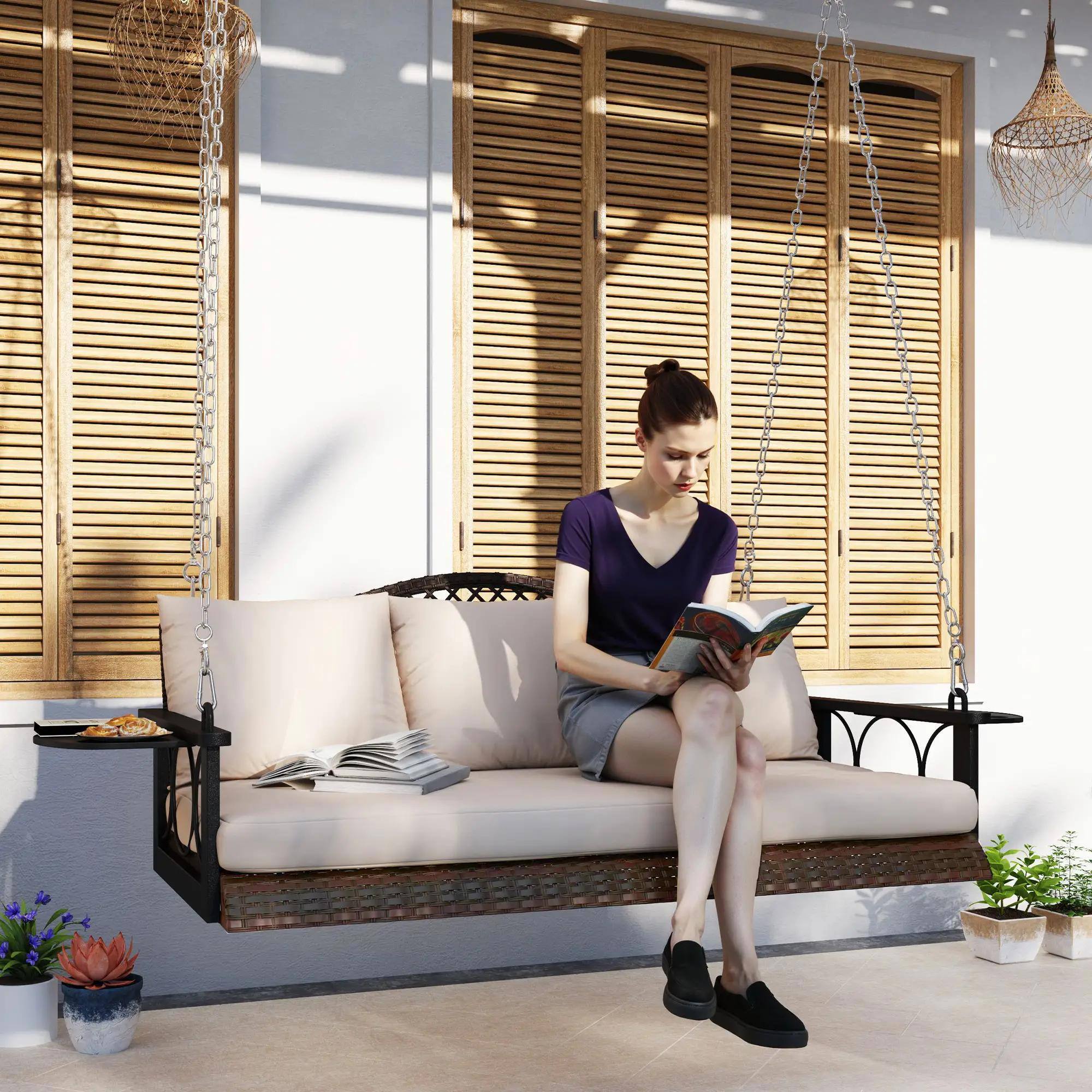 Alt View 7. Resenkos - Resenkos 3-Person Wicker Swing Bench, Outdoor Patio, Porch Seating, With Cushions & Chains, Brown.