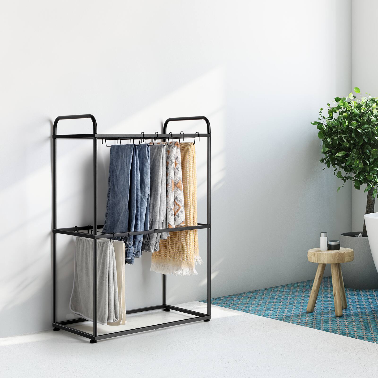Alt View 3. Oumilen - 2-Tier Black Metal Pants & Towel Rack with 26 Hangers - Black.