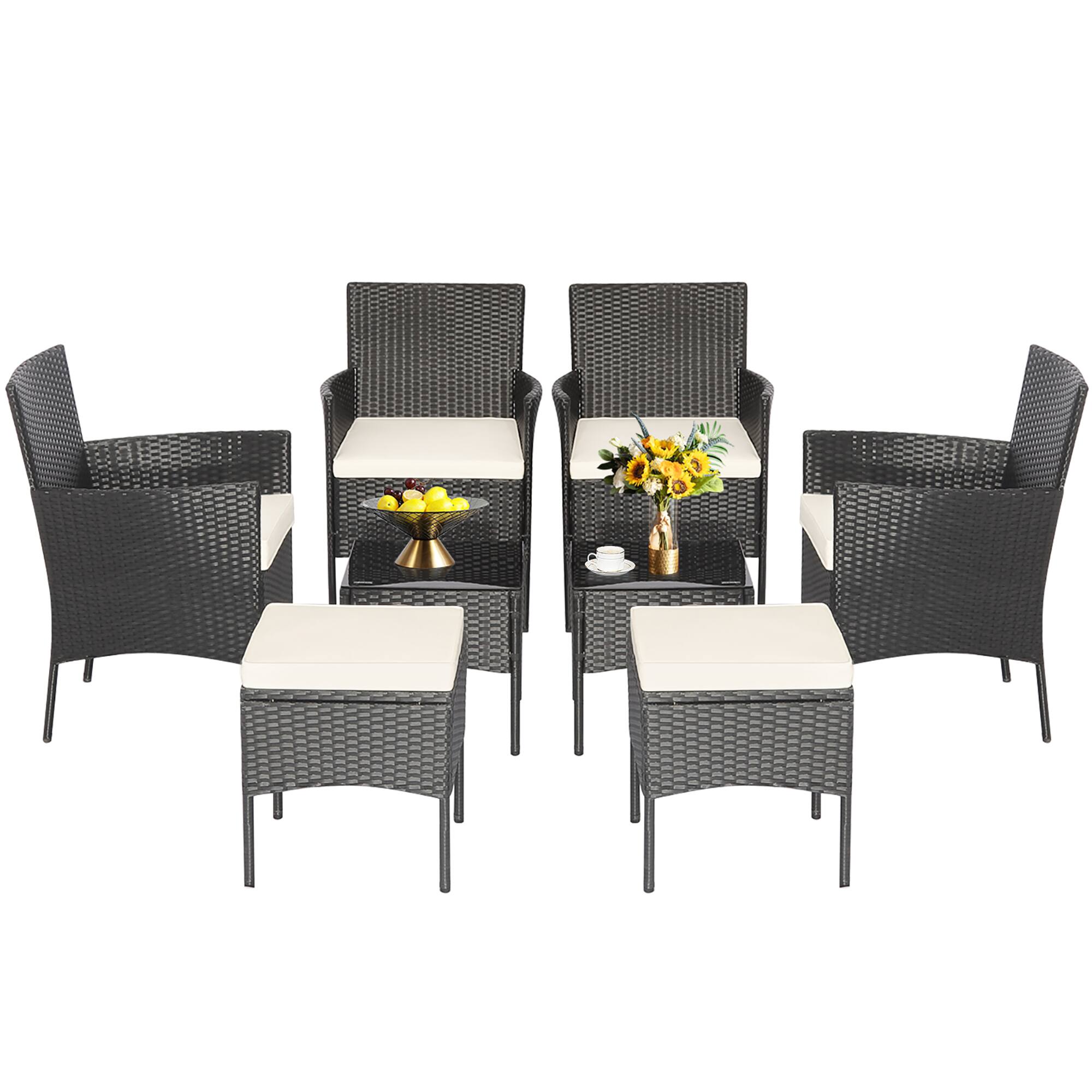 Alt View 1. Gymax - Gymax 8PCS Outdoor Conversation Furniture Set Patio PE Rattan Sofa Set w/ Tables & Ottoman - Off White.