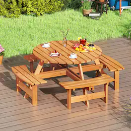 Costway - 8-Person Round Picnic Table Set with 4 Built-in Benches 2" Umbrella Hole - Yellow