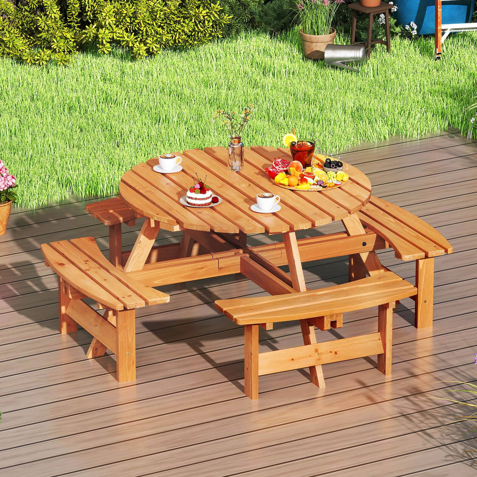 Alt View 1. Costway - Costway 8-Person Round Picnic Table Set with 4 Built-in Benches 2" Umbrella Hole - Yellow.