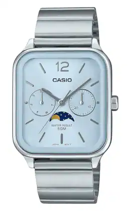 Casio - Standard Analog Moon Phase Stainless Steel Baby Blue Dial Quartz MTP-M305D-2AV Men's Watch - Silver, Blue