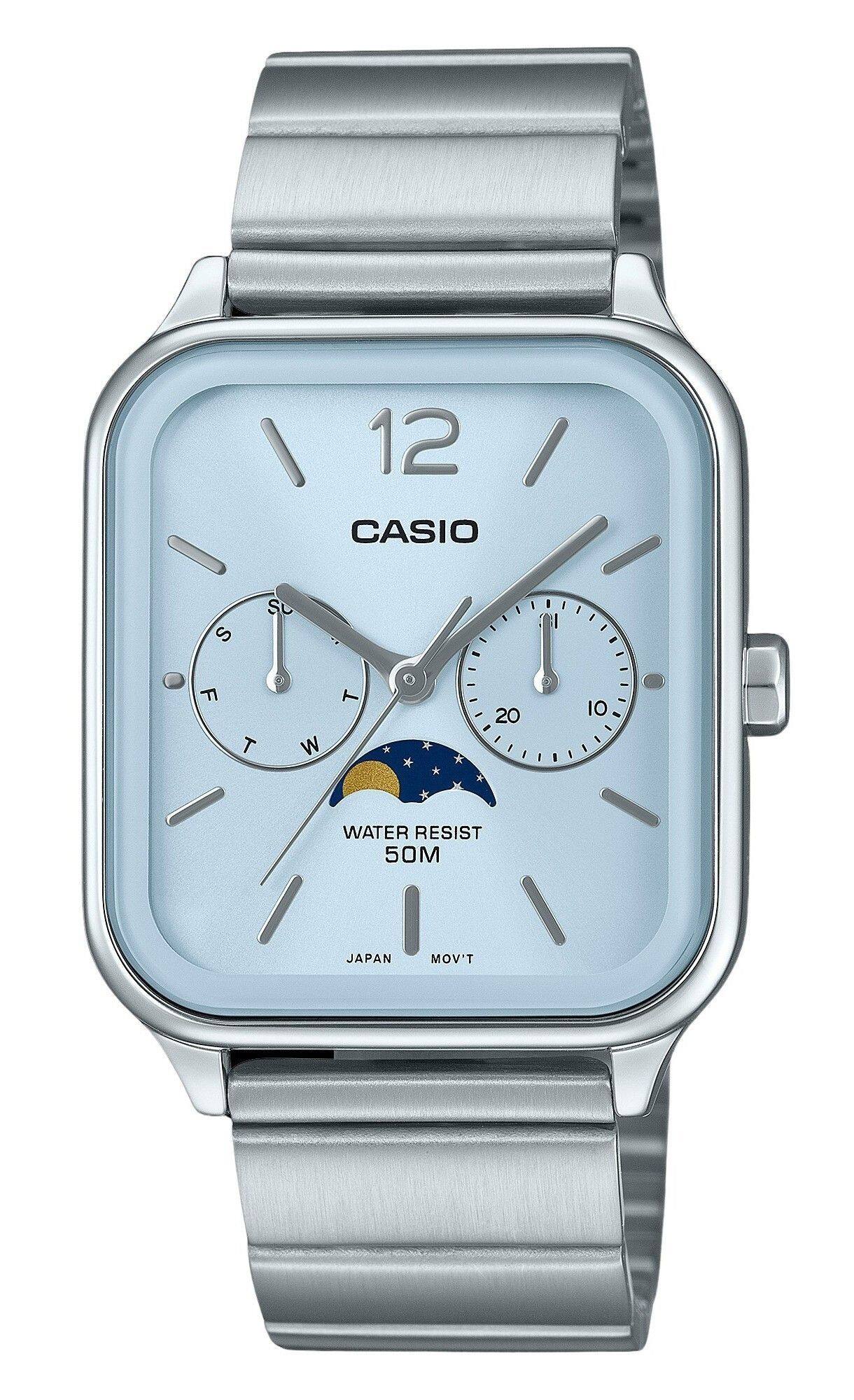 Casio - Standard Analog Moon Phase Stainless Steel Baby Blue Dial Quartz MTP-M305D-2AV Men's Watch - Silver, Blue