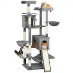 Front. Pawhut - Cat Tree, 69" Multi-Level Large Cat Tower w/8 Scratching Posts, 2 Condos, 3 Hammocks, Ramp, 3 Perches, Dangling Toys - Dark Gray.