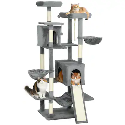 Front. Pawhut - Cat Tree, 69" Multi-Level Large Cat Tower w/8 Scratching Posts, 2 Condos, 3 Hammocks, Ramp, 3 Perches, Dangling Toys - Dark Gray.