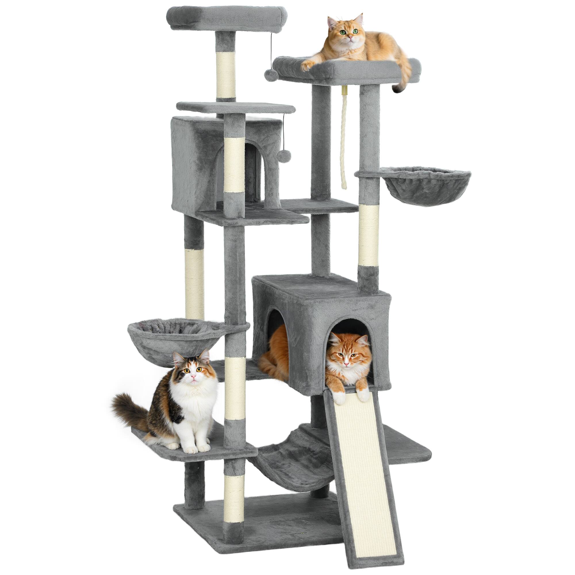 Front. Pawhut - Cat Tree, 69" Multi-Level Large Cat Tower w/8 Scratching Posts, 2 Condos, 3 Hammocks, Ramp, 3 Perches, Dangling Toys - Dark Gray.