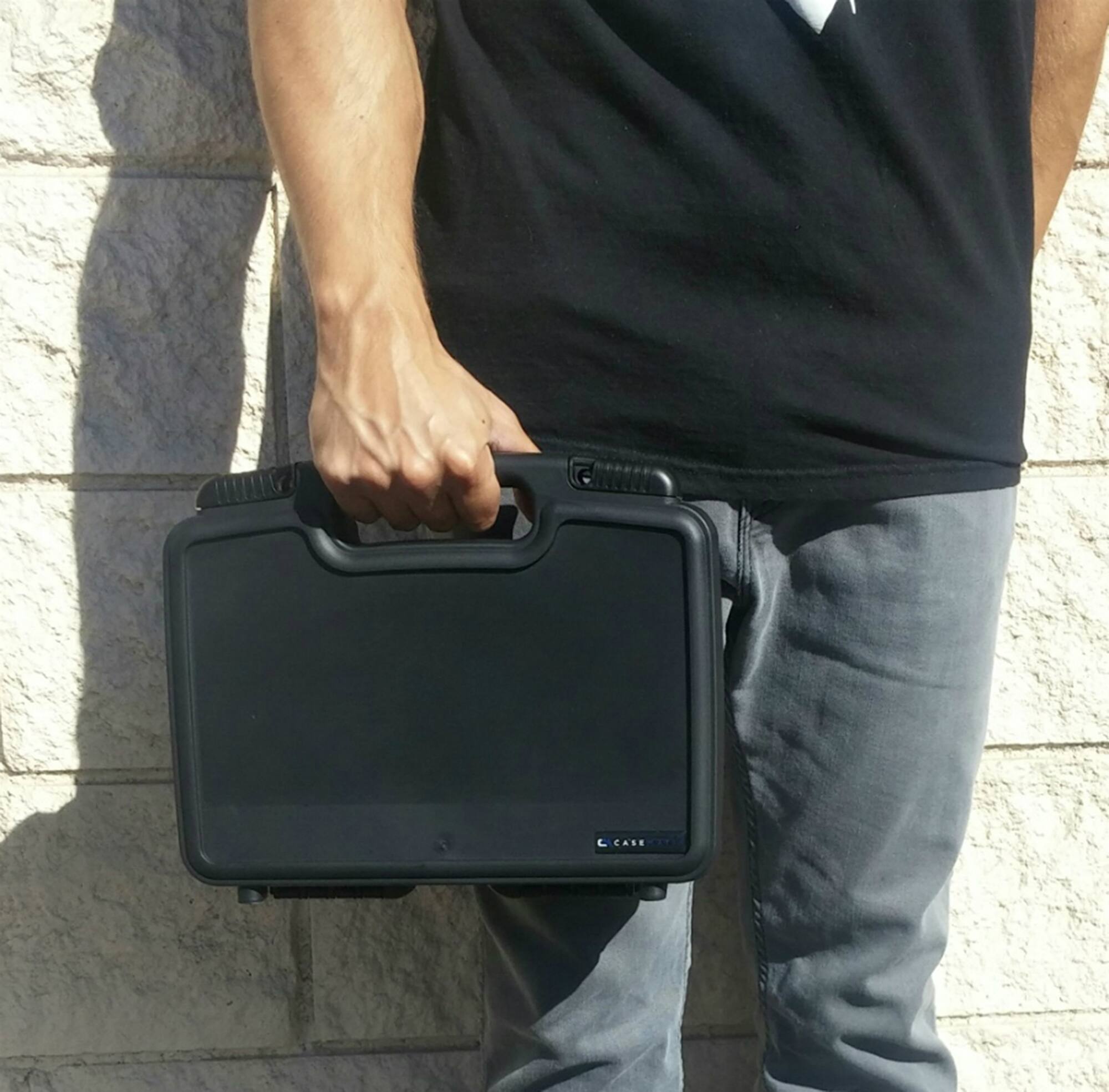 Angle. CASEMATIX - Electronics Carrying Case fits MakeID P31S Portable Industrial Label Printer and Label Tape Cartridges.