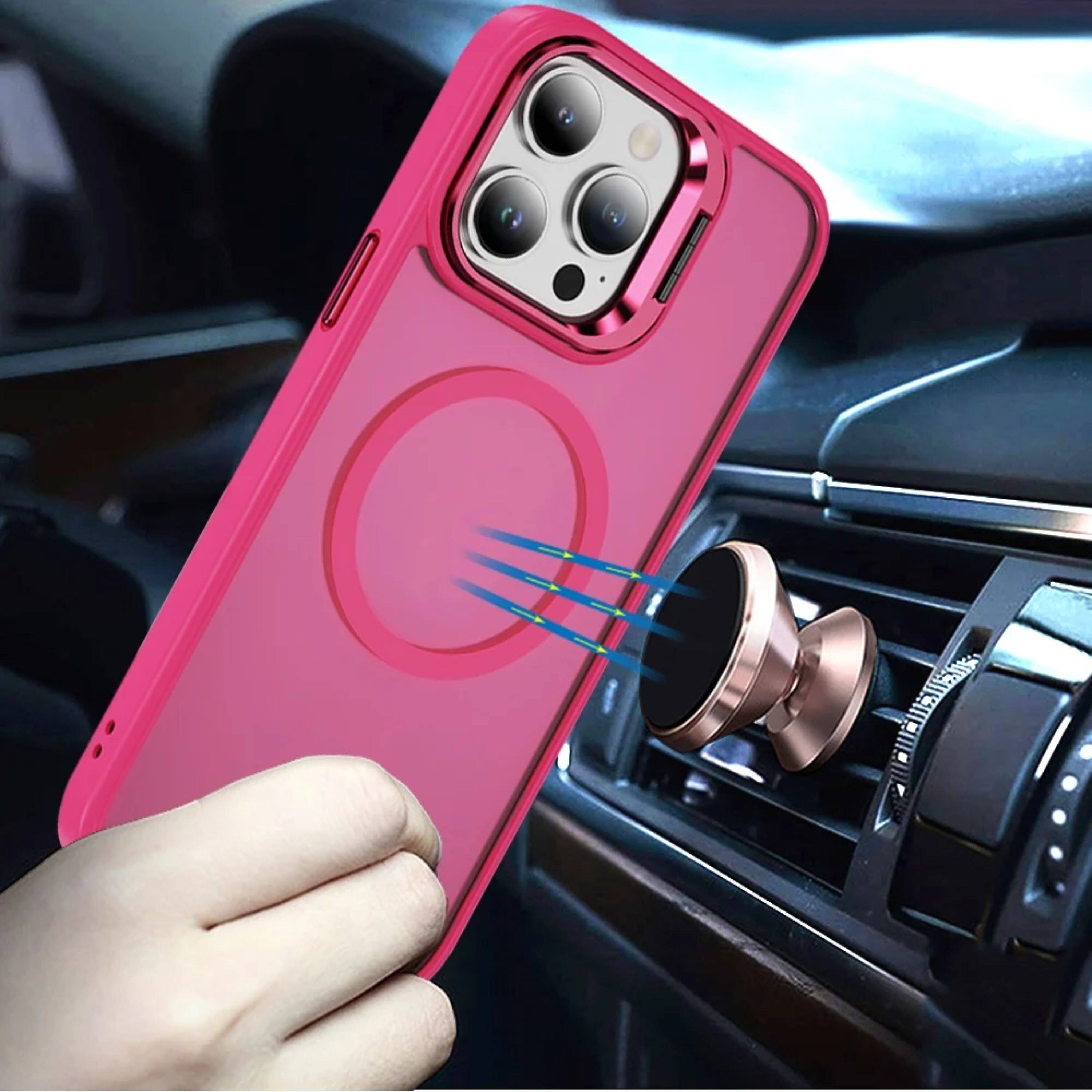 Angle. Kitcheniva - Magnetic Metal Lens Stand Case For iPhone 14 Pro Max Hot Pink - Hot Pink.