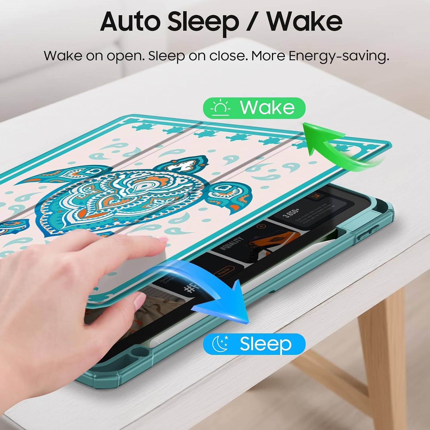 Auto Sleep / Wake  
Wake on open. Sleep on close. More Energy-saving.  

P.O.  
Wake  
#F  
#QUALITY Popular  
3.650+  
Sleep