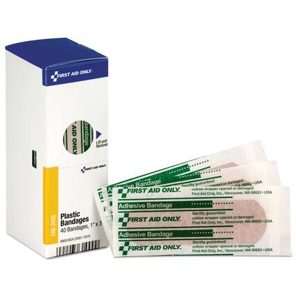 FIRST AID ONLY.
FIRST AID ONLY.
Bandage
Remove
Lift and
AID OAEY FIRST A
Bandage
Sterility guaranteed unless wrapper opened or damaged.
98682 USA
UA
AID ONLY.
unless wrapper opened or damaged.
FIRST Vancouver, WA 98682 USA
First Aid Only, Inc., Plastic FAE-3100 Bandages 1"x 3 40 Bandages, ANSUISEA Z308.1-2015
Z308 Adhesive Bandage
FIRST AID ONLY.
Adhesive Bandage
FIRST AID ONLY.
Sterility guaranteed unless wrapper opened or damaged.
First Aid Only. Inc., Vancouver, WA 98682 USA
Sterility guaranteed unless wrapper opened or damaged.
First Aid Only, Inc., Vancouver, WA 98682 USA