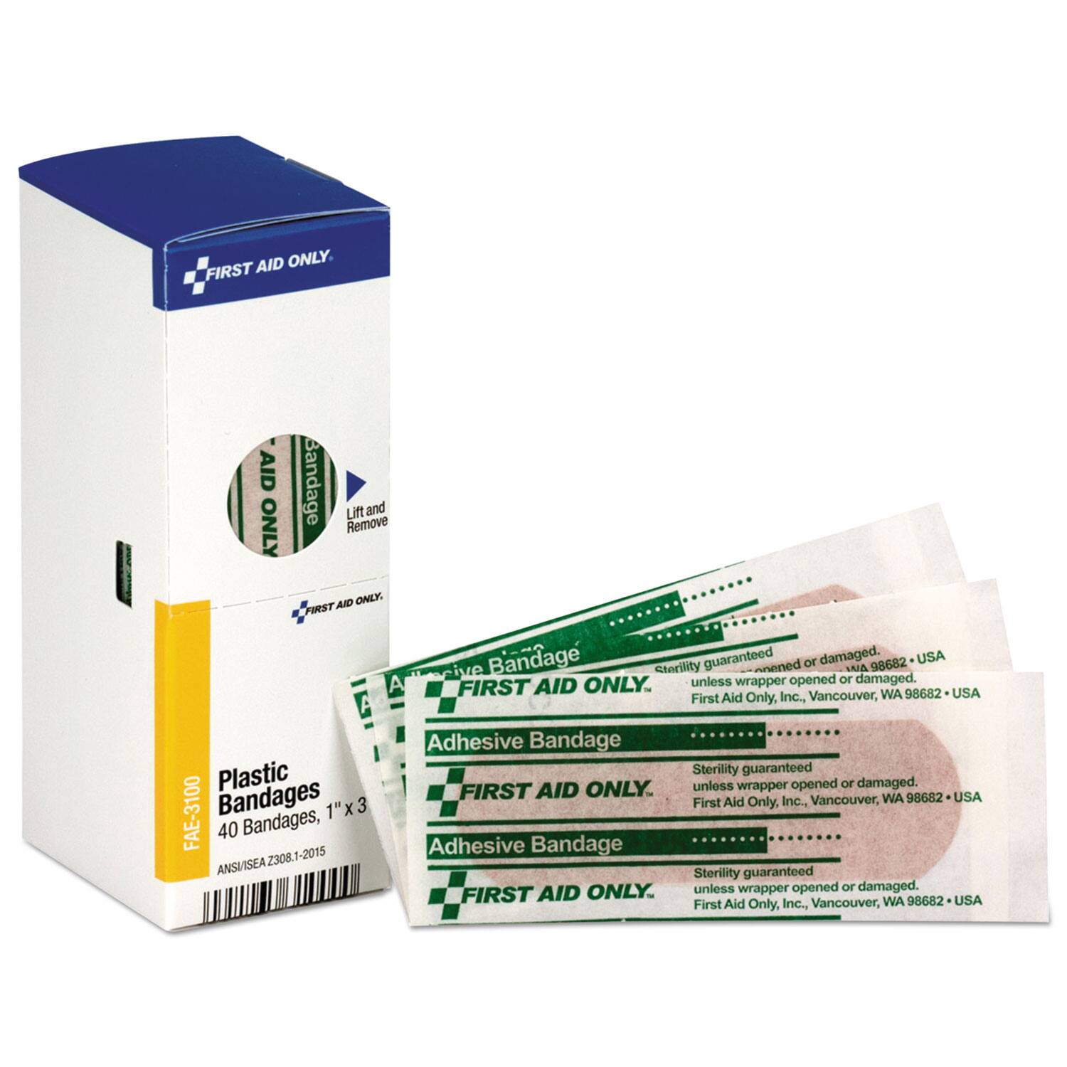 FIRST AID ONLY.  
FIRST AID ONLY.  
Bandage  
Remove  
Lift and  
AID OAEY FIRST A  
Bandage  
Sterility guaranteed unless wrapper opened or damaged.  
98682 USA  
UA  
AID ONLY.  
unless wrapper opened or damaged.  
FIRST Vancouver, WA 98682 USA  
First Aid Only, Inc., Plastic FAE-3100 Bandages 1"x 3 40 Bandages, ANSUISEA Z308.1-2015  
Z308 Adhesive Bandage  
FIRST AID ONLY.  
Adhesive Bandage  
FIRST AID ONLY.  
Sterility guaranteed unless wrapper opened or damaged.  
First Aid Only. Inc., Vancouver, WA 98682 USA  
Sterility guaranteed unless wrapper opened or damaged.  
First Aid Only, Inc., Vancouver, WA 98682 USA