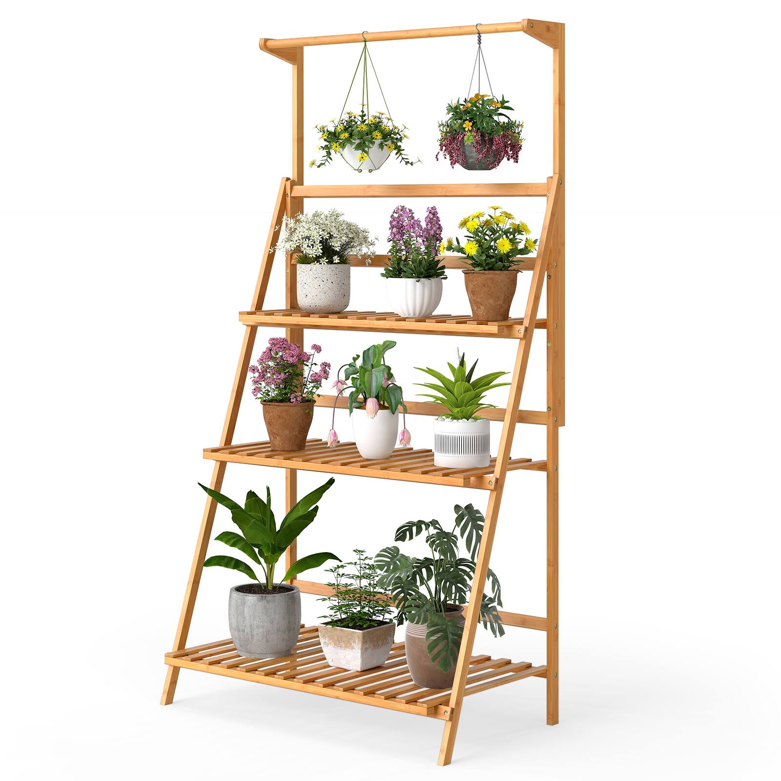 Alt View 9. Gymax - Gymax 3 Tier Hanging Plant Stand w/ Height Adjustable Hanger Rod Folding Flower Shelf - Natural.