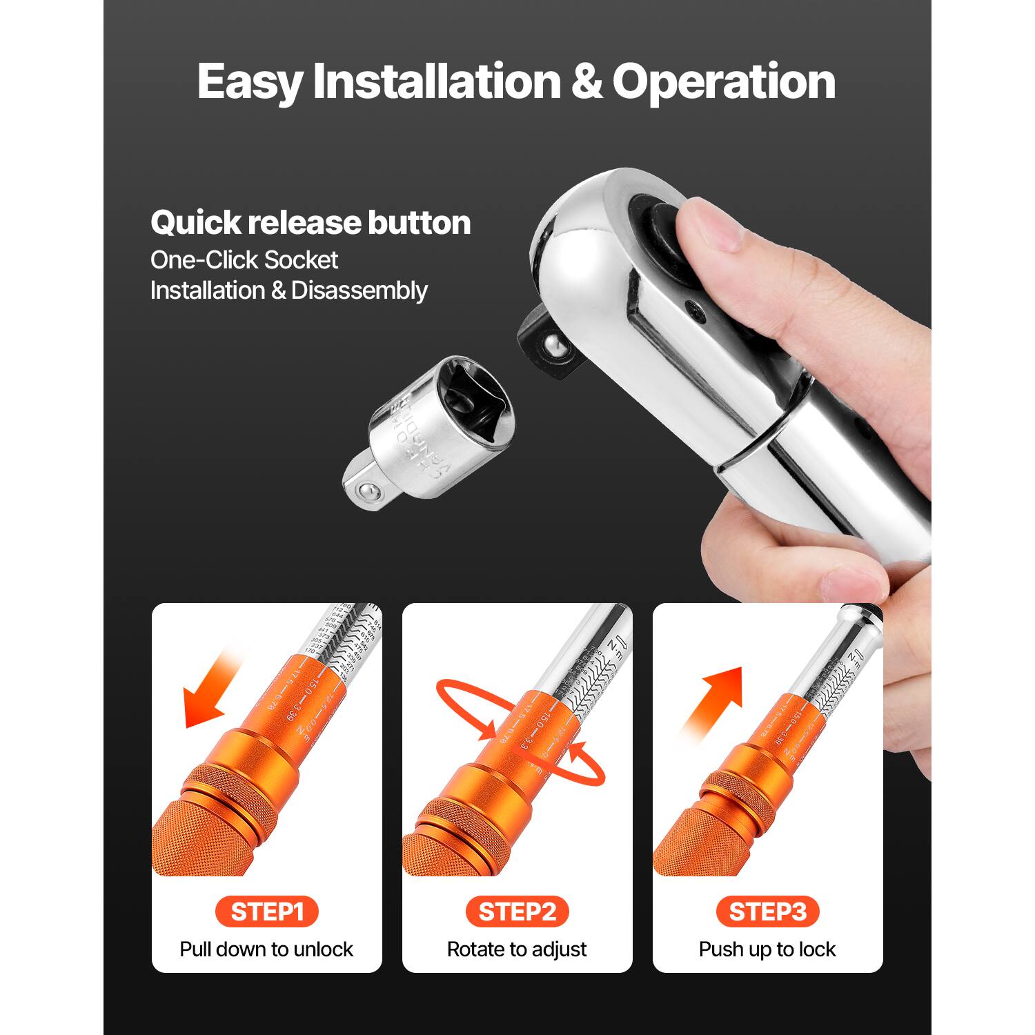 Easy Installation & Operation

Quick release button  
One-Click Socket  
Installation & Disassembly

STEP 1  
Pull down to unlock

STEP 2  
Rotate to adjust

STEP 3  
Push up to lock