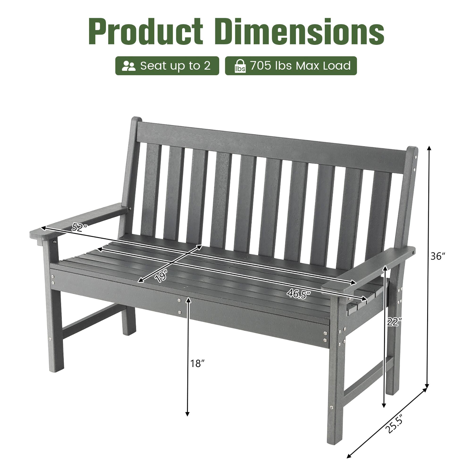 Product Dimensions, Seat up to 2, 705 lbs Max Load, 52", 19", 46.5", 36", 22", 18", 25.5"