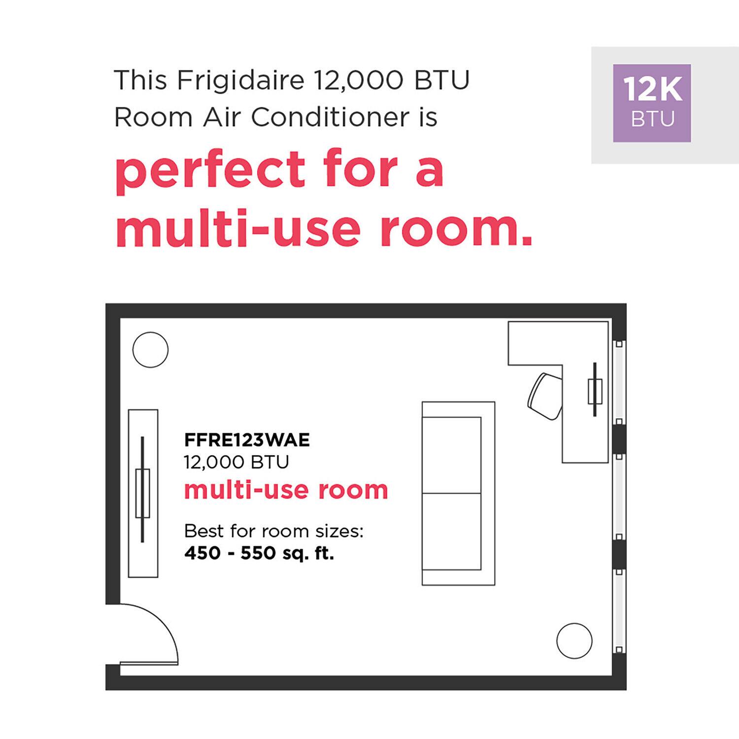 This Frigidaire 12,000 BTU Room Air Conditioner is perfect for a multi-use room. It has a 12,000 BTU capacity and is designed for room sizes ranging from 450 to 550 square feet.