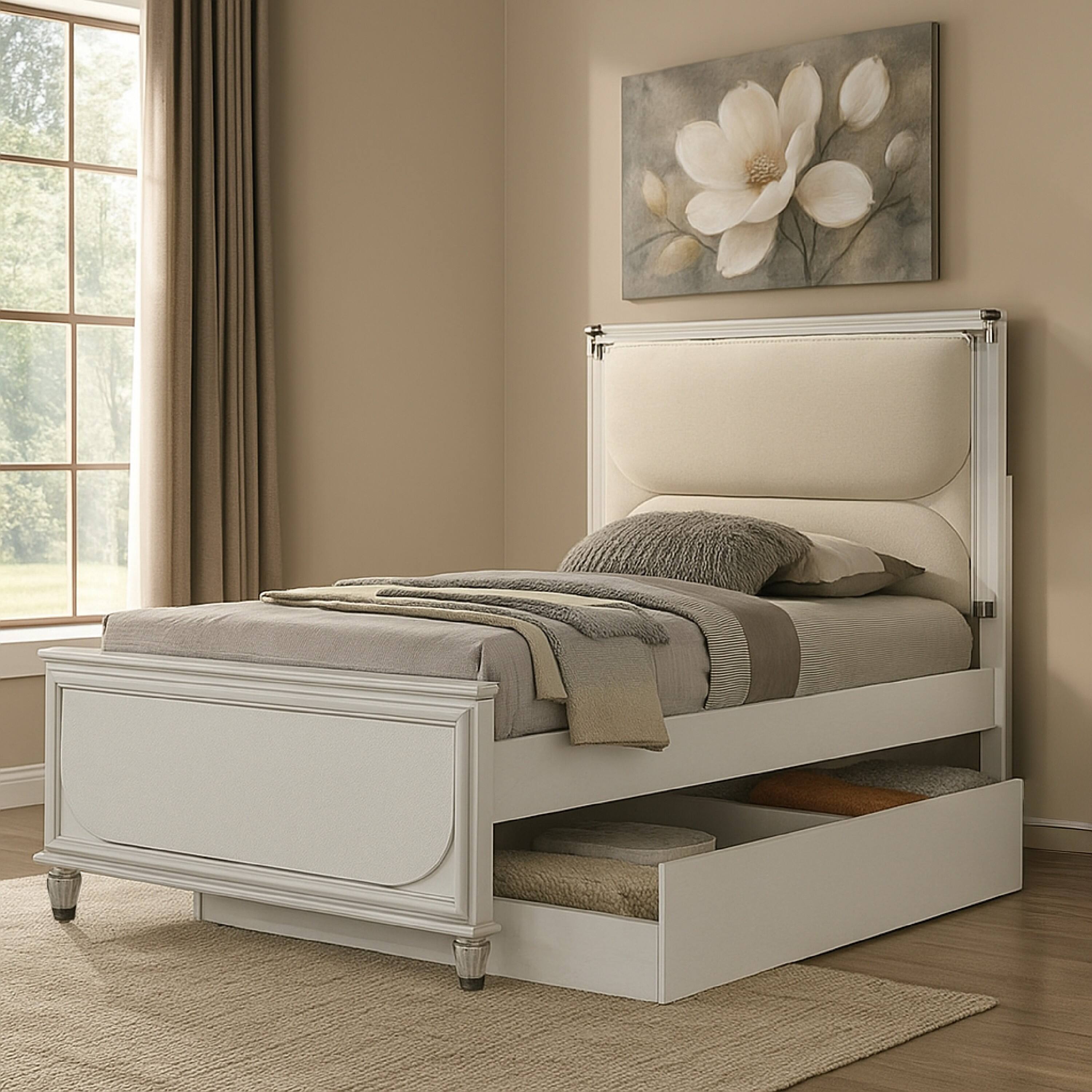 Alt View 2. Manhattan Lane - Dima Full Bed, Upholstered Headboard w LED, Pearl White, Clear Legs - Pearl White.