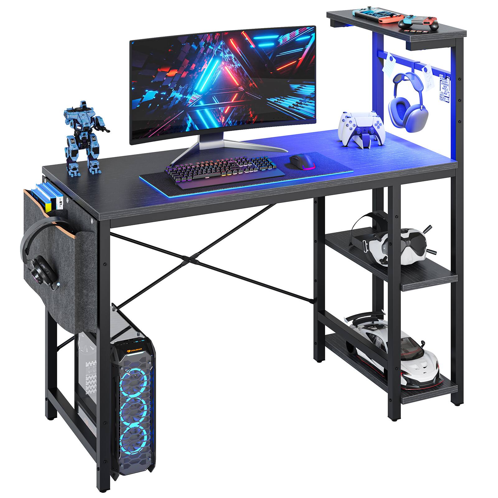 Alt View 7. Bestier - 44'' RGB Gaming Desk, PC Gaming Desk with Reversible Shelves & Side Storage, Gaming Computer Desk for Home Office - Black Grained.