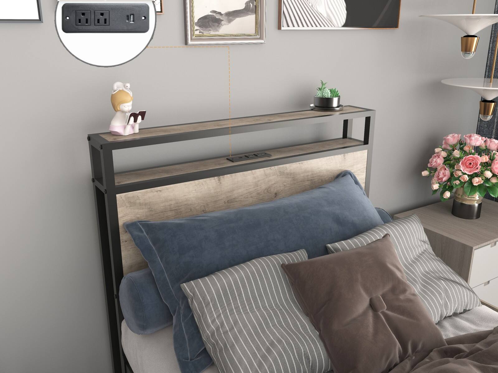 Alt View 5. Ecooso - Twin Bed Frame, Storage Headboard，Charging Station, Solid and Stable, Noise Free, No Box Spring Needed, Easy Assembly - Gray Wash.