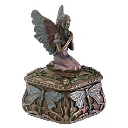 Front. Pacific Trading - Art Nouveau Dragonfly Whisperer Fairy Fae Secret Jewelry Trinket Keepsake Box 3.5 inch - Bronze.