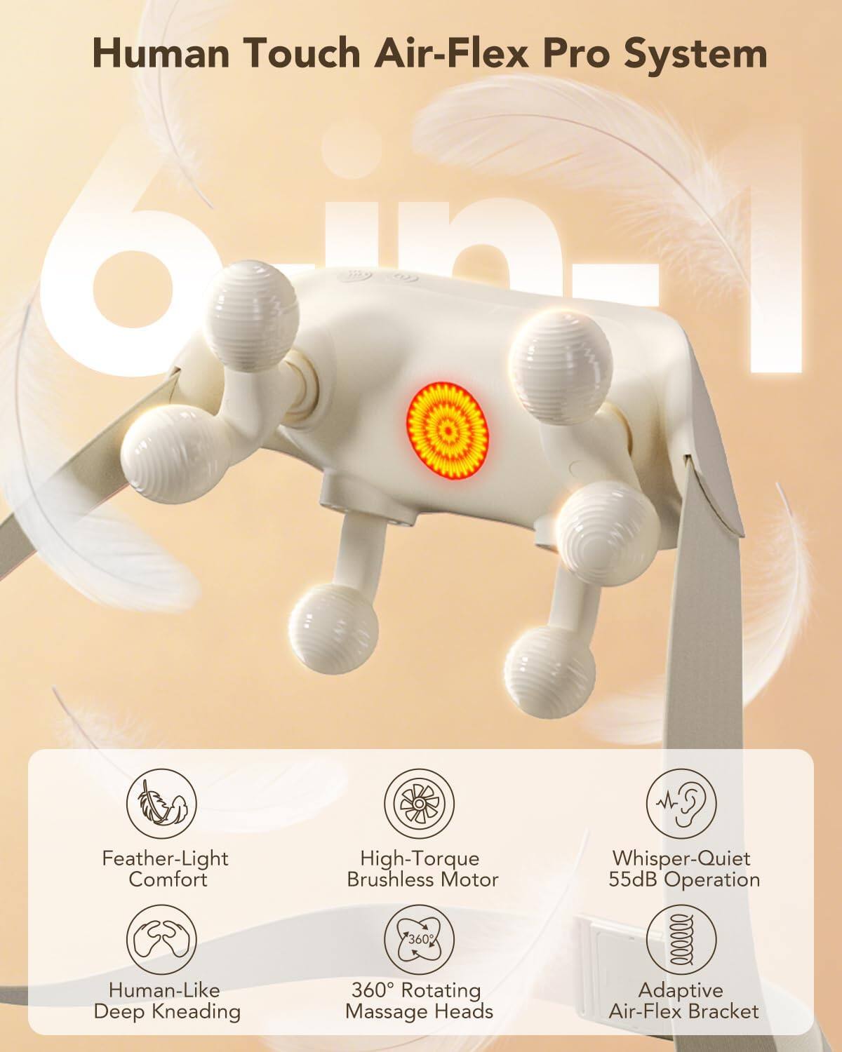 Human Touch Air-Flex Pro System

- 6 Feather-Light Comfort
- Human-Like Deep Kneading
- High-Torque Brushless Motor
- 360° Rotating Massage Heads
- Whisper-Quiet 55dB Operation
- Adaptive Air-Flex Bracket