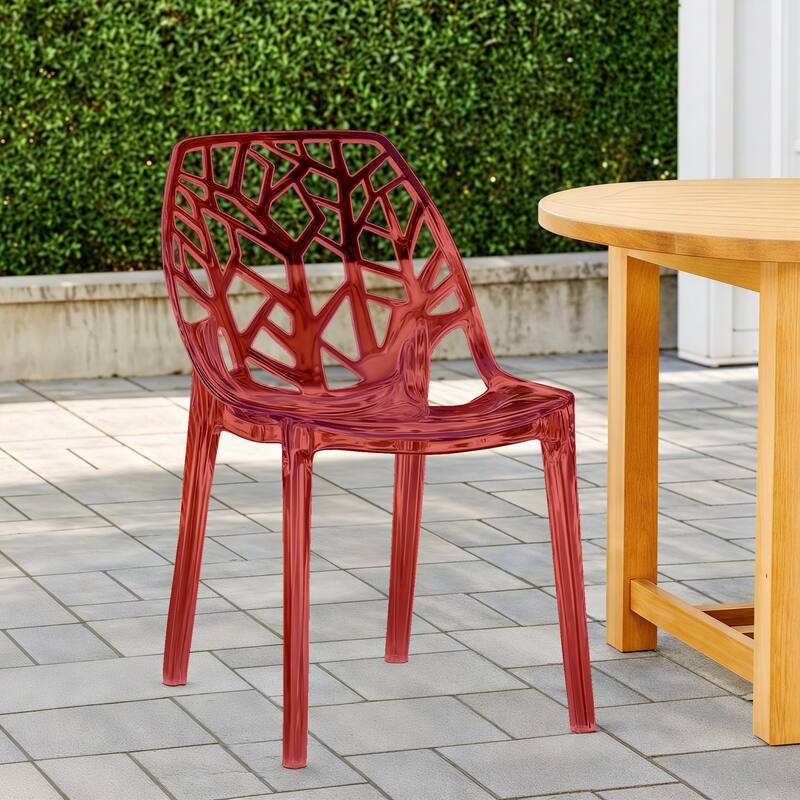 Angle. LeisureMod - Cornelia Modern Stackable Accent Dining Chair with Cut Out Backrest Design for Dining Rooms or Patios - Transparent Red.