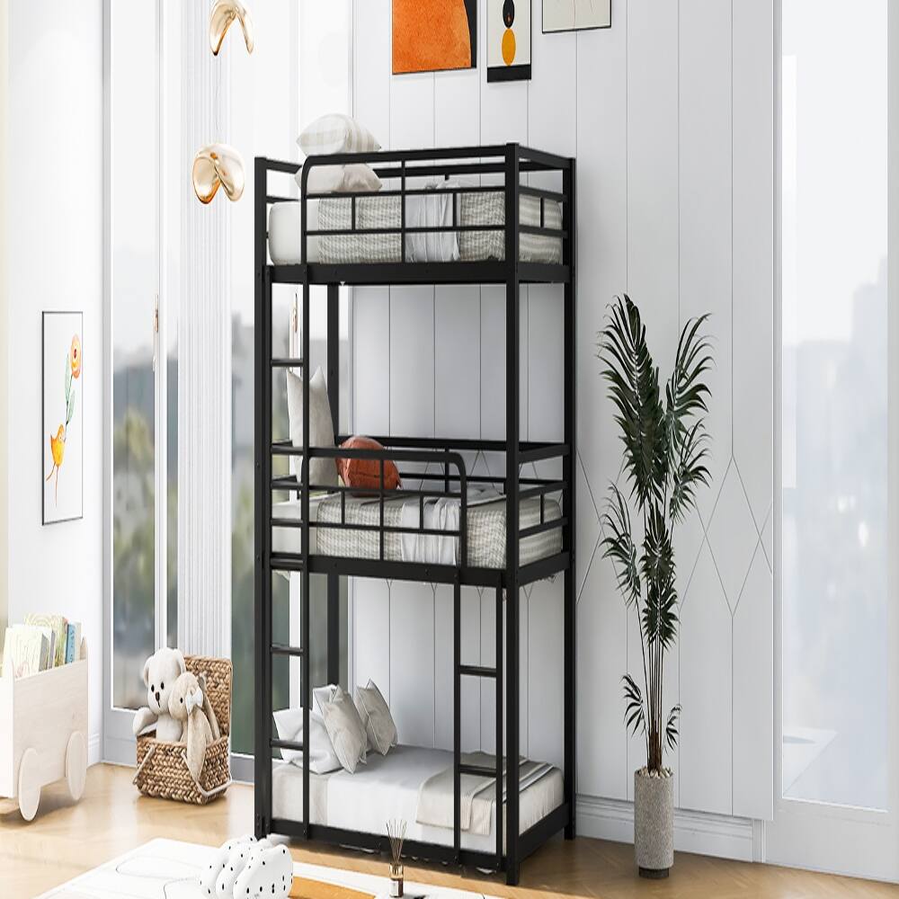 Alt View 2. Loheer - Loheer Metal Triple Bunk Bed Twin Over Twin Over Twin Black Heavy Duty Space Saving Frame - Black.