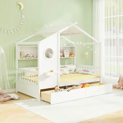 Front. Gymax - Gymax Twin Size House Bed Kids Bed Frame w/ 2 Storage Drawers & Fence Guardrails White - White.