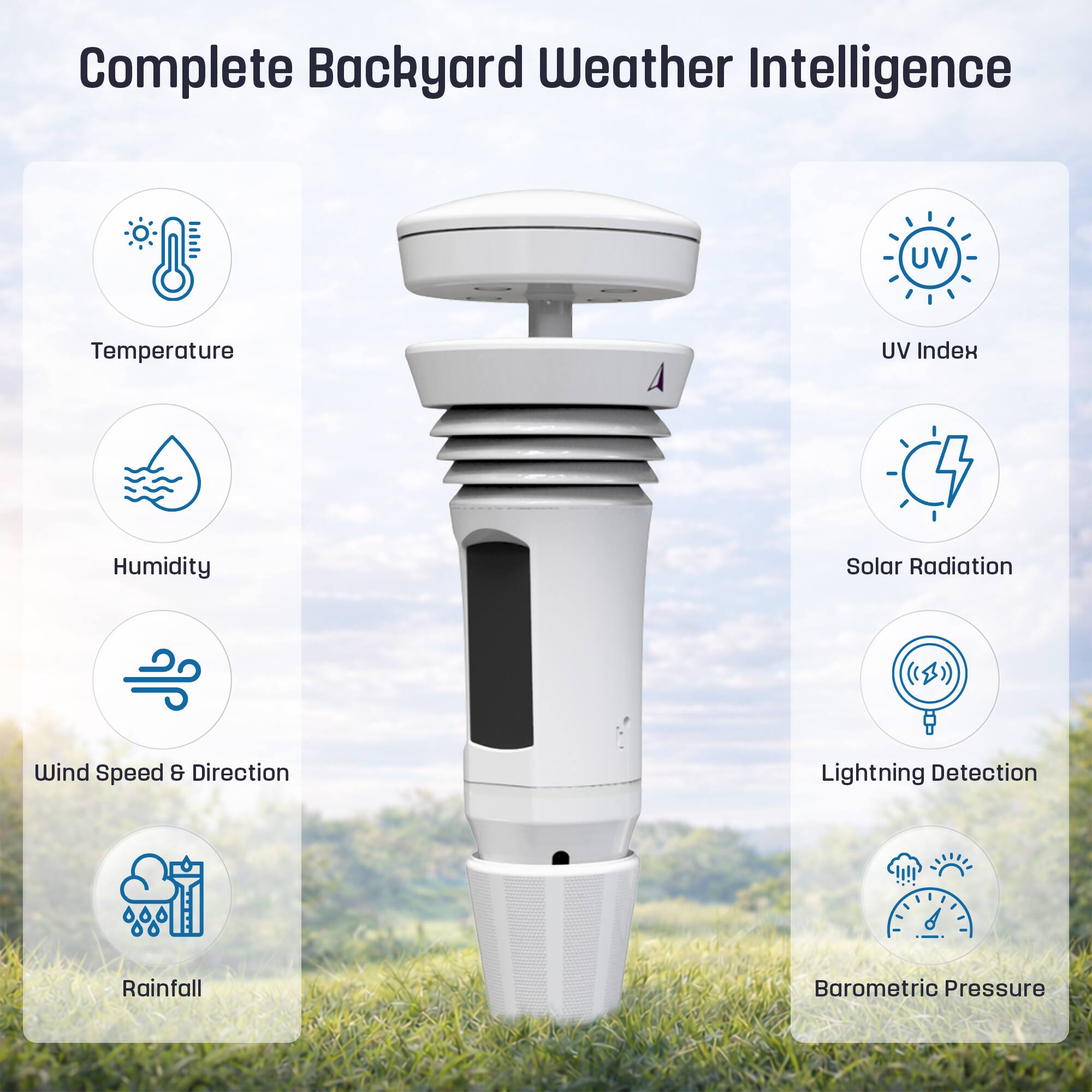 Complete Backyard Weather Intelligence

- Temperature
- Humidity
- Wind Speed & Direction
- Rainfall
- UV Index
- Solar Radiation
- Lightning Detection
- Barometric Pressure