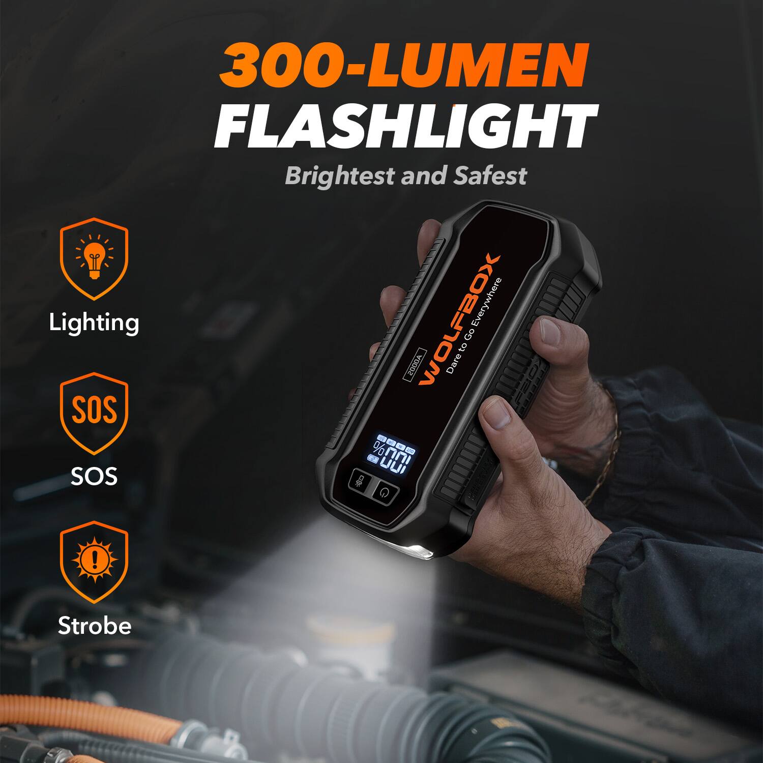 300-LUMEN FLASHLIGHT  
Brightest and Safest  
VOLFBOX  
Everywhere  
OD to ADpOS  
Dare FBO  
SOS  
UUI SOS  
ASARTNNE G  
Strobe