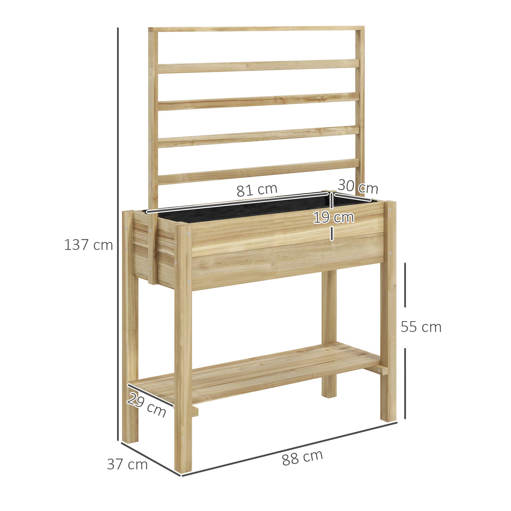 Alt View 2. Outsunny - Wooden Raised Garden Bed with Trellis, Elevated Planter Box with Storage Shelf, Drainage Holes and Liner - Natural Wood.