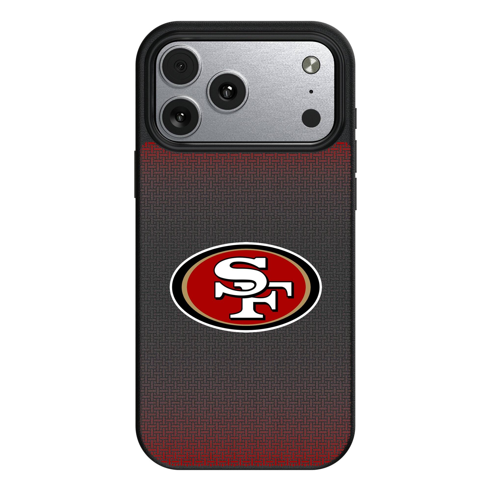 Front. Keyscaper - San Francisco 49ers Linen Logo iPhone Magnetic Bump Case - 15 Plus - Black.