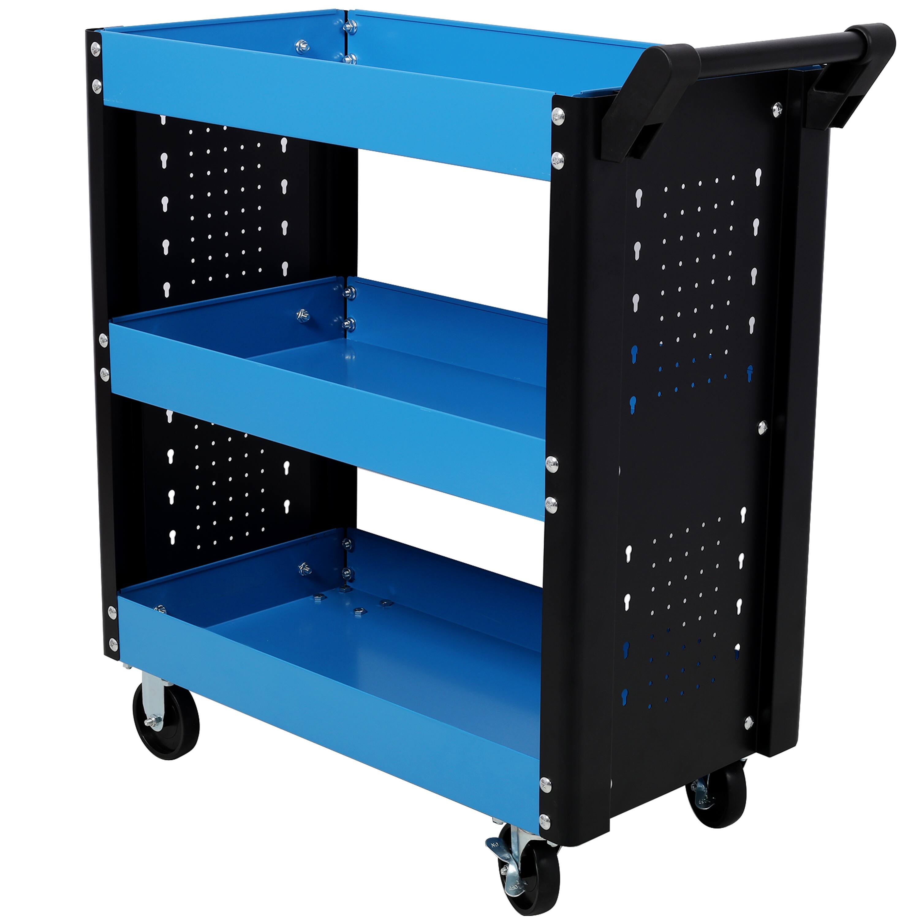 Left. ELEMENT ACE - 3-Tier Rolling Tool Cart on Wheels, Heavy Duty Utility Cart with Pegboard for Repair Shop, Garage, Warehouse - Blue.