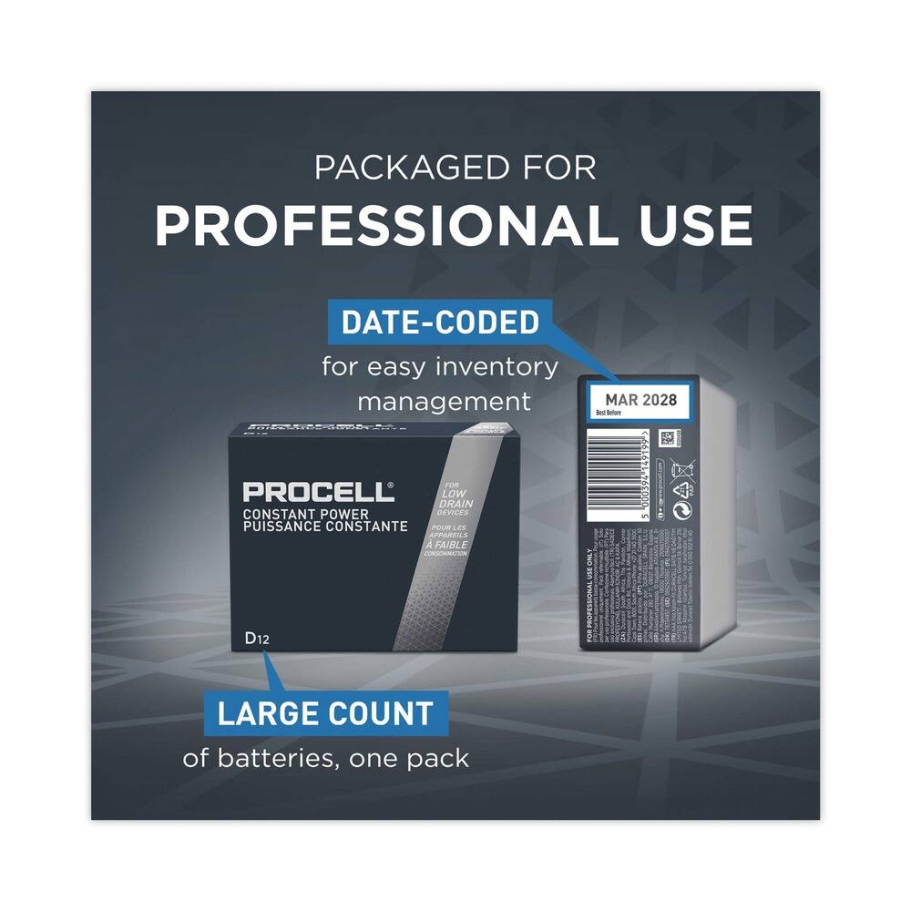 PACKAGED FOR PROFESSIONAL USE

DATE-CODED for easy inventory management

PROCELL® CONSTANT POWER PUISSANCE CONSTANTE

LARGE COUNT of batteries, one pack

MAR 2028