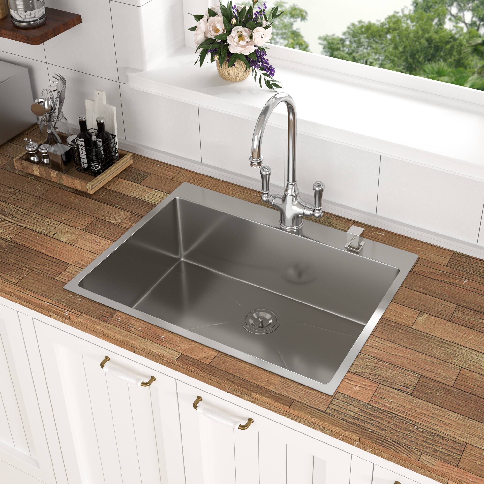 Left. TinyHomie - 33x19x9 Inch Drop in 16Gauge Stainless Steel Single Bowl Kitchen Sink with Drain Assembly - brown.