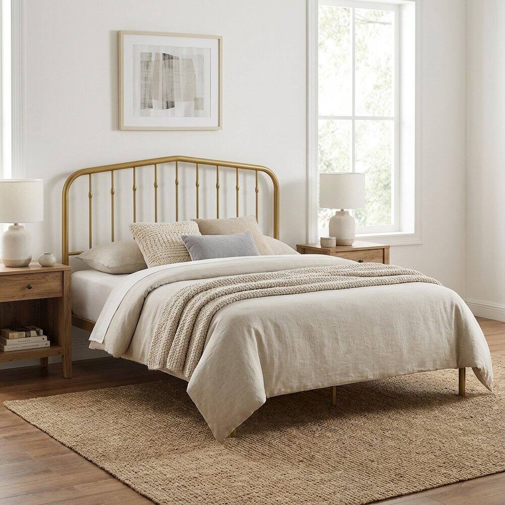 Left. FurniFact - Metal Queen Headboard in Black with Durable Frame and Elegant Design - Gold.