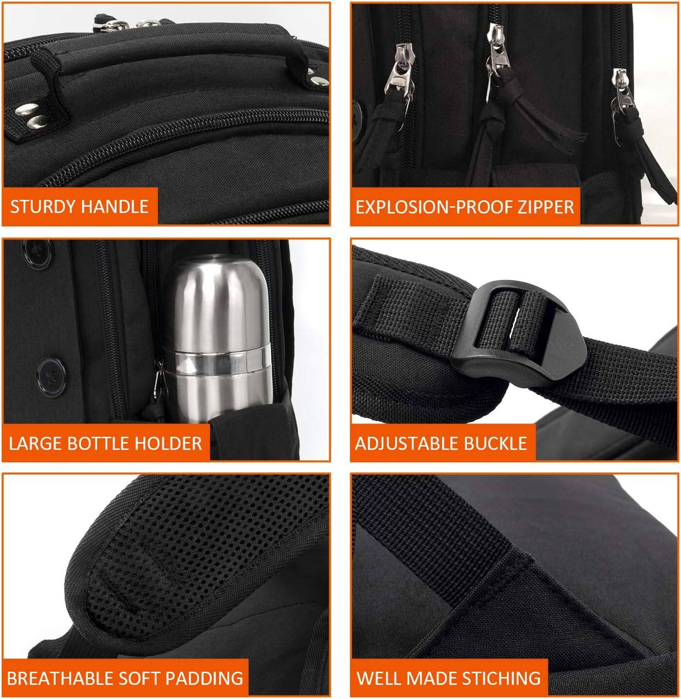 STURDY HANDLE  
EXPLOSION-PROOF ZIPPER  
LARGE BOTTLE HOLDER  
ADJUSTABLE BUCKLE  
BREATHABLE SOFT PADDING  
WELL MADE STITCHING