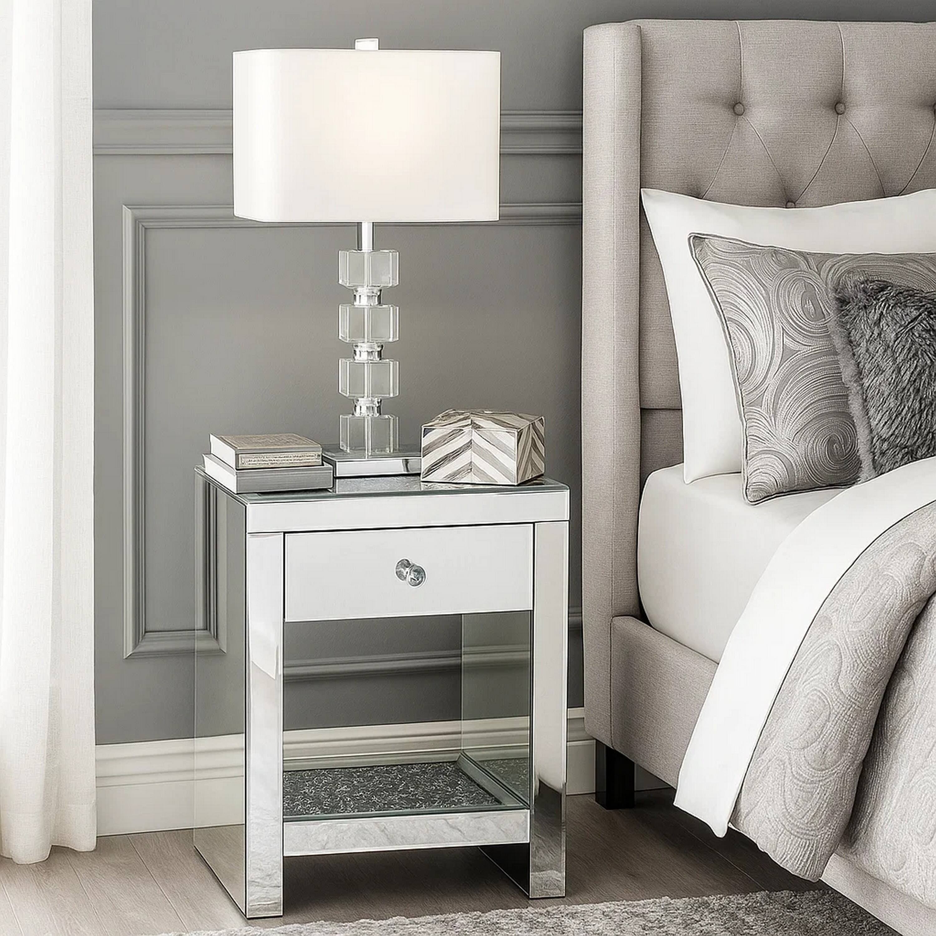 Alt View 6. Manhattan Lane - Mirrored Wooden Night Table with 1 Drawer and Bottom Shelf - Silver.