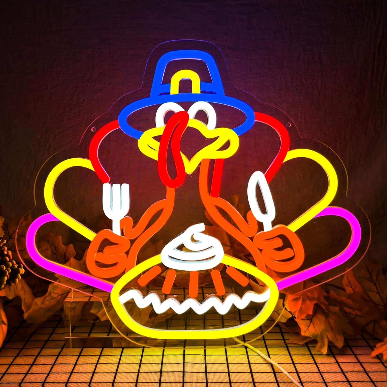 Auledio - Thanksgiving Turkey Neon Sign Thanksgiving Turkey Decoration Dimmable Thanksgiving Neon Light for Autumn Room - Multicolor