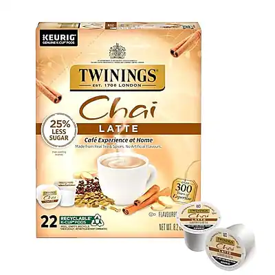 KEURIG GENUINE K-CUP
TWININGS EST. 1706 LONDON
Chai Latte
25% LESS SUGAR
Café Experience at Home
Made from Real Tea & Spices
No Artificial Flavours
RECYCLABLE
22 K-CUPS
300 Calories per Serving
NET WT 1.82 OZ (51.6g)
FLAVOURED
Chai