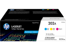 Original HP Toner hp LASERJET Tri-Pack / Pack de Trois Great Savings! / Aubaine! ! x NIAMT SNDSk 63 BAR1 TOKYO HONG KONG TOEI CF500AM 202A Cyan Yellow Magenta Cian Jaune Toner Cartridges 3 Cartouches de toner JETINTELLIGENCE Powerful smart. HP LaserJet Pro printing. Energy Impression puissante. Energie intelligente. M254 MFP M281