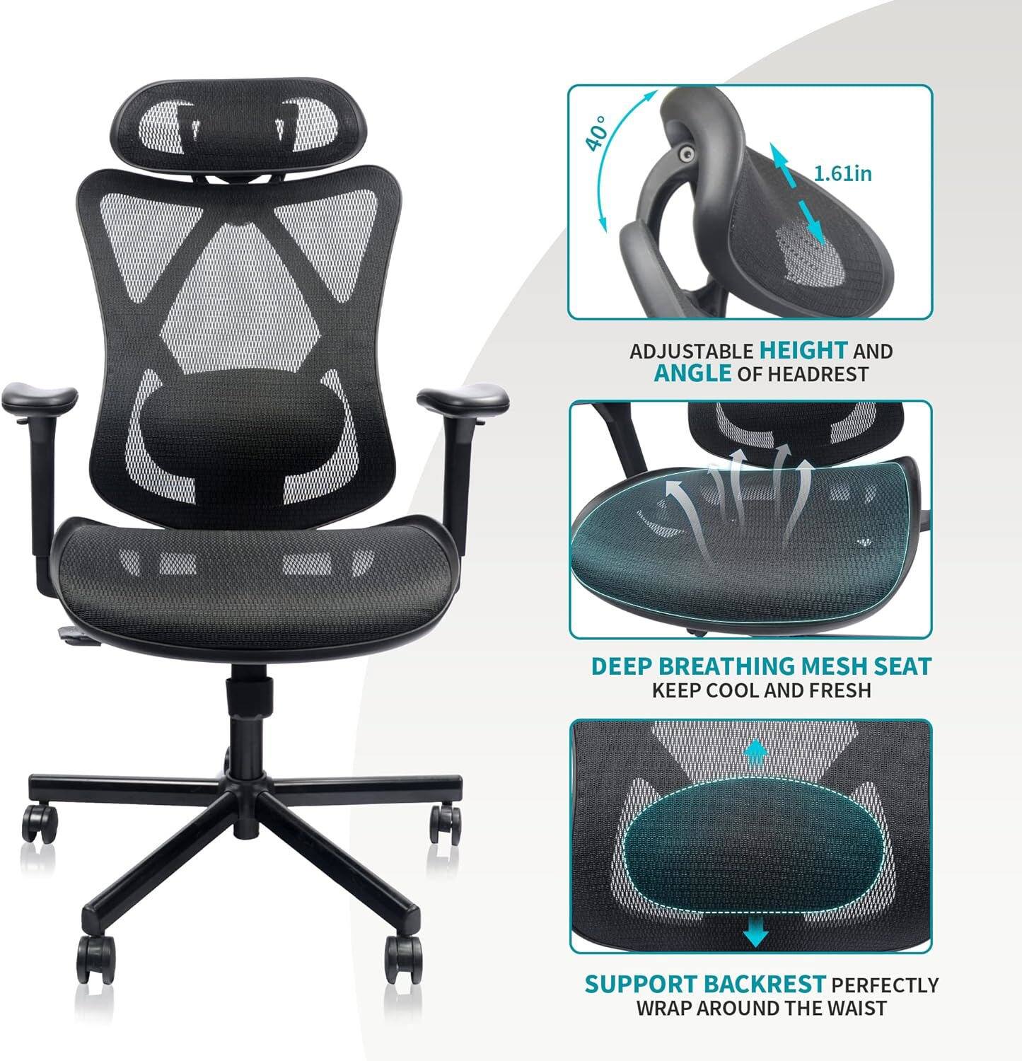 - Adjustable height and angle of headrest
- Deep breathing mesh seat keeps cool and fresh
- Support backrest perfectly wraps around the waist