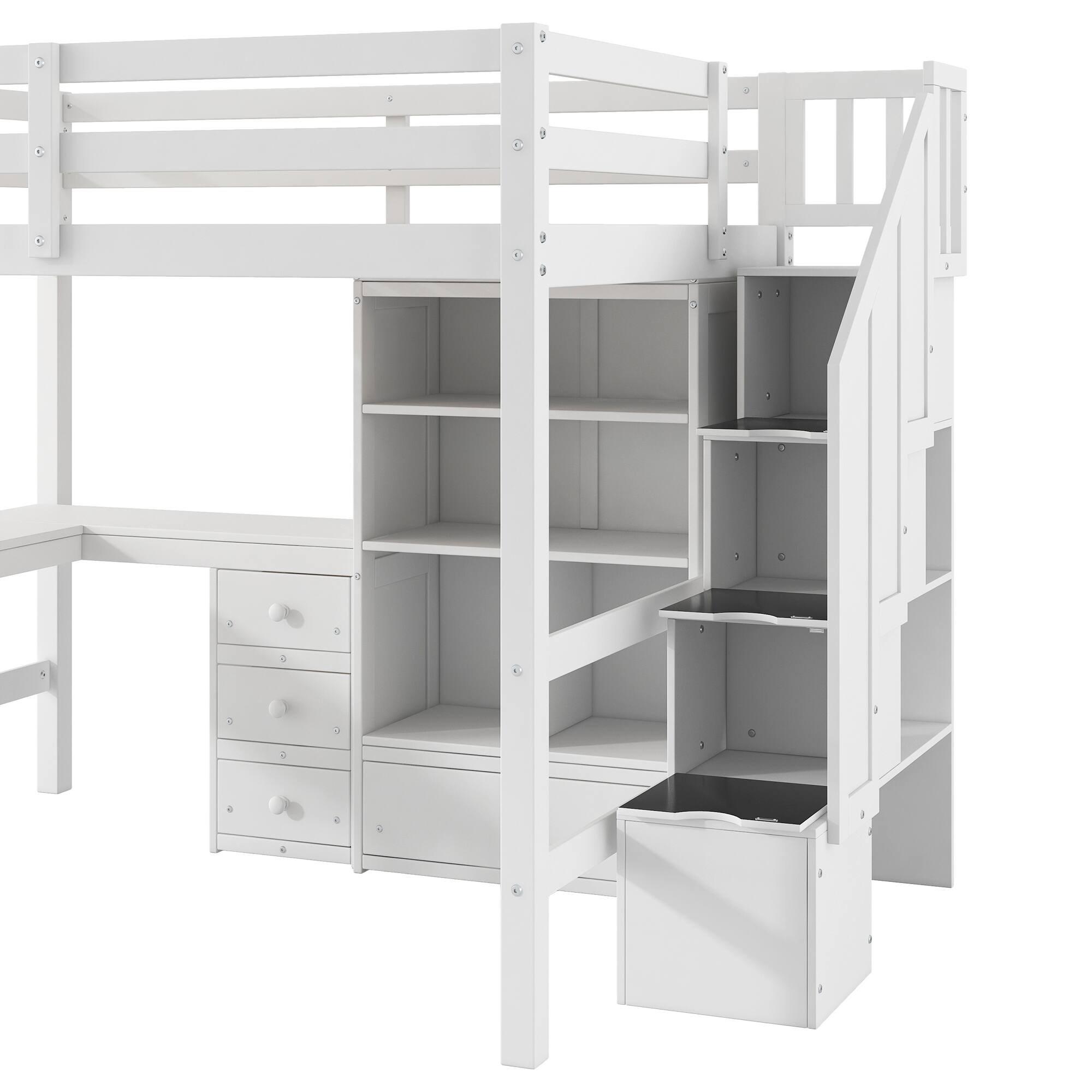 Alt View 9. Tiramisubest - Full Size White Pine Loft Bed with L-Shaped Desk, Drawers, Cabinet & Storage Staircase - White.
