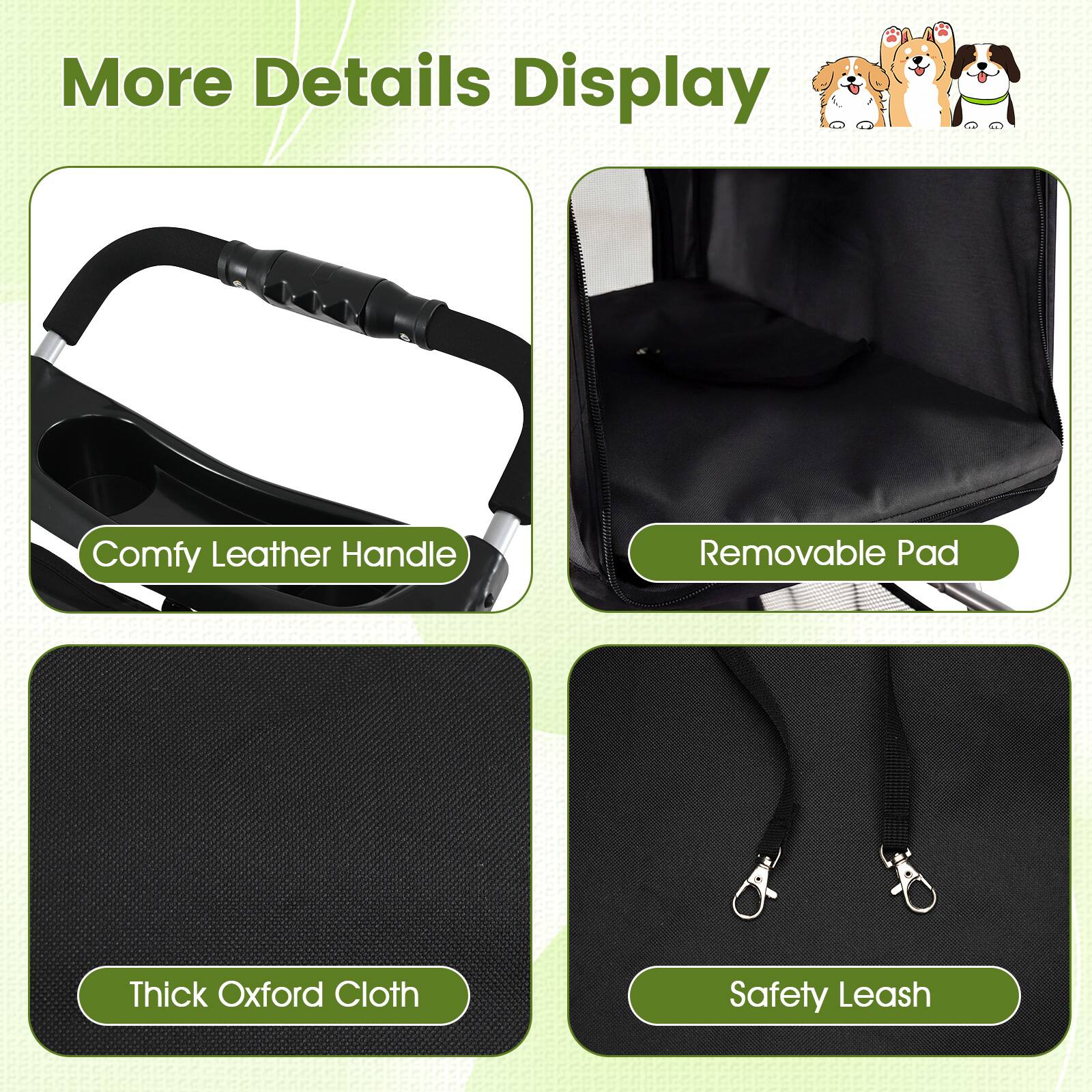 More Details Display

- Comfy Leather Handle
- Removable Pad
- Thick Oxford Cloth
- Safety Leash