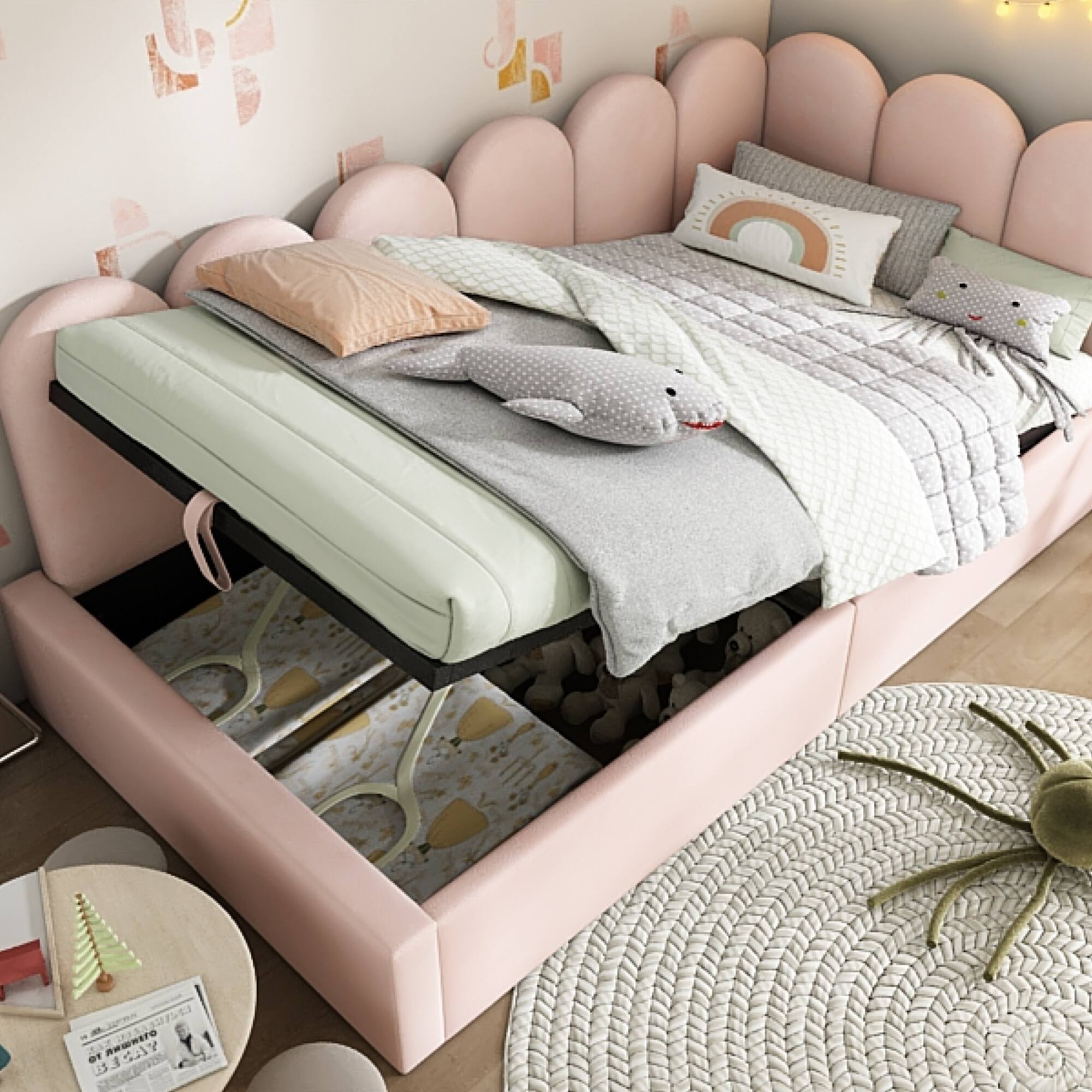Alt View 1. GOODSILO - Upholstered Daybed with Hydraulic Storage, Twin Size Sofa Bed Frame with Metal Slats and Velvet Covering - Pink.