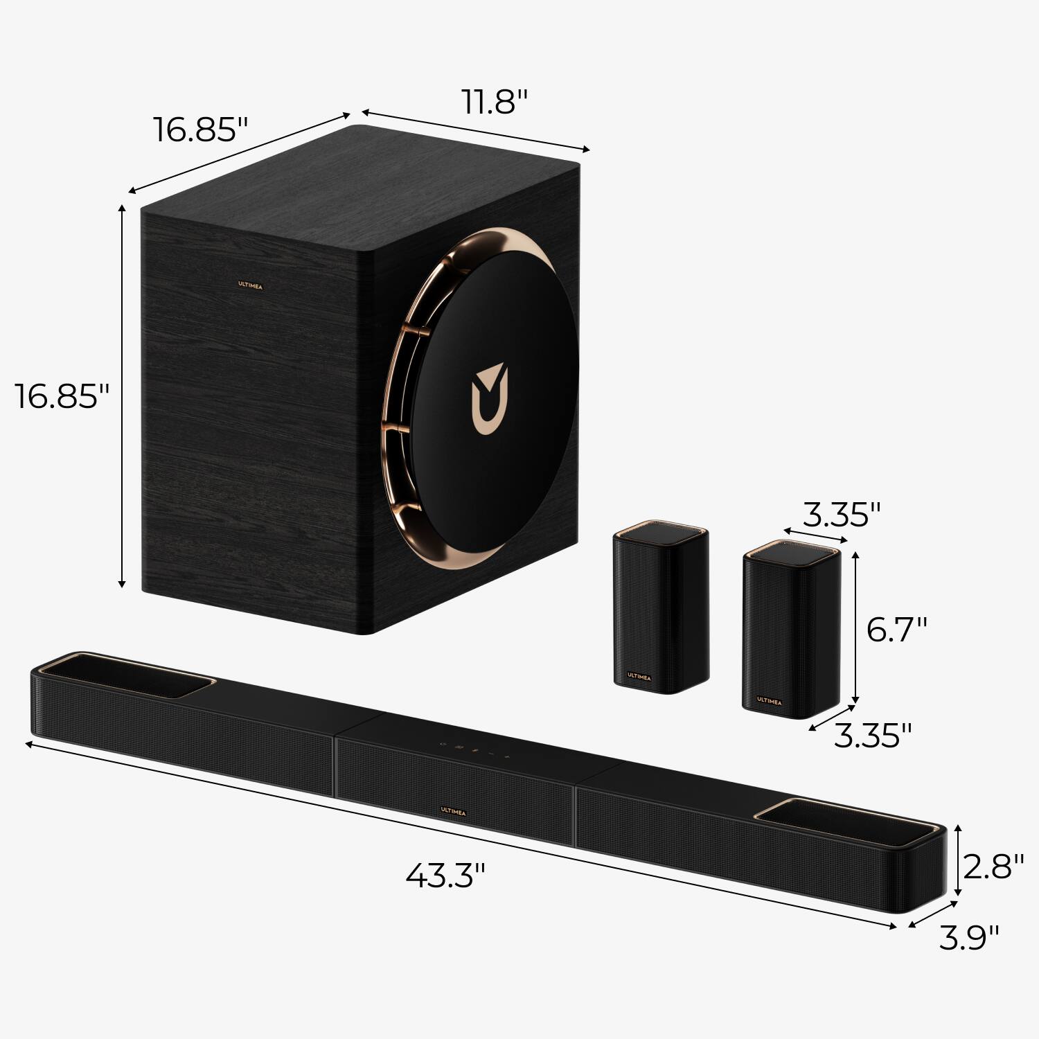 16.85" x 11.8" x 16.85"  
3.35" x 6.7" x 3.35"  
43.3" x 2.8" x 3.9"