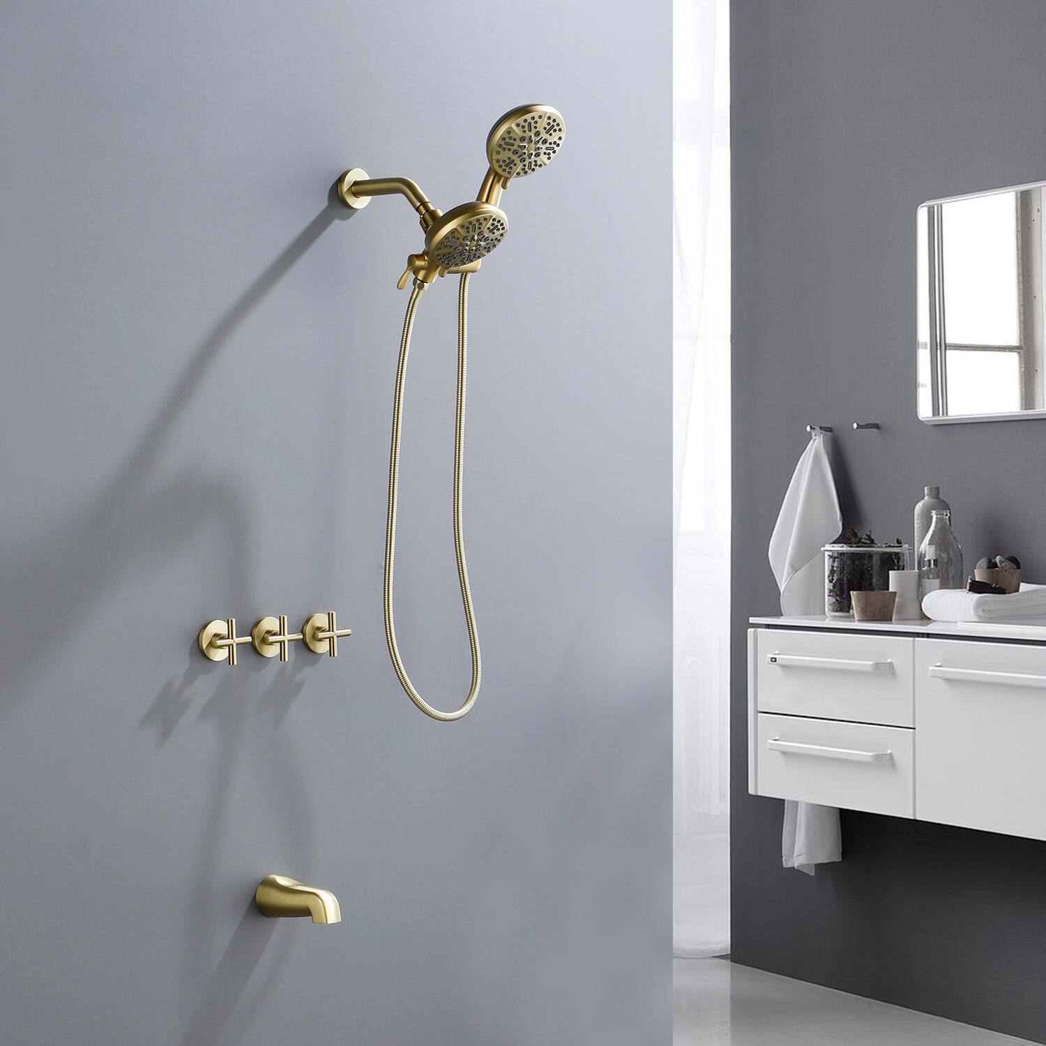 Alt View 3. Boyel Living - Brushed Gold Shower Set with Three Handle Control and Seven Function Dual Shower Heads - Brushed Gold.