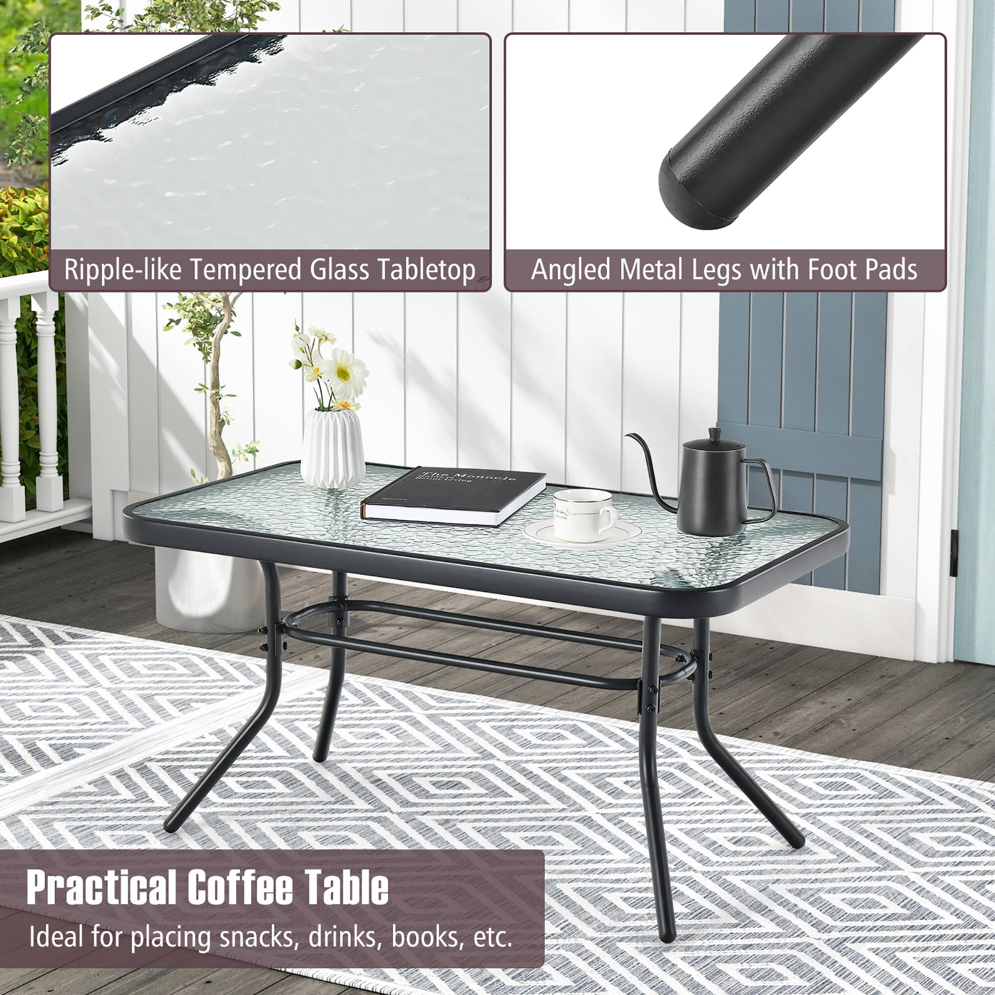 Ripple-like Tempered Glass Tabletop, Angled Metal Legs with Foot Pads, Practical Coffee Table, Ideal for placing snacks, drinks, books, etc.