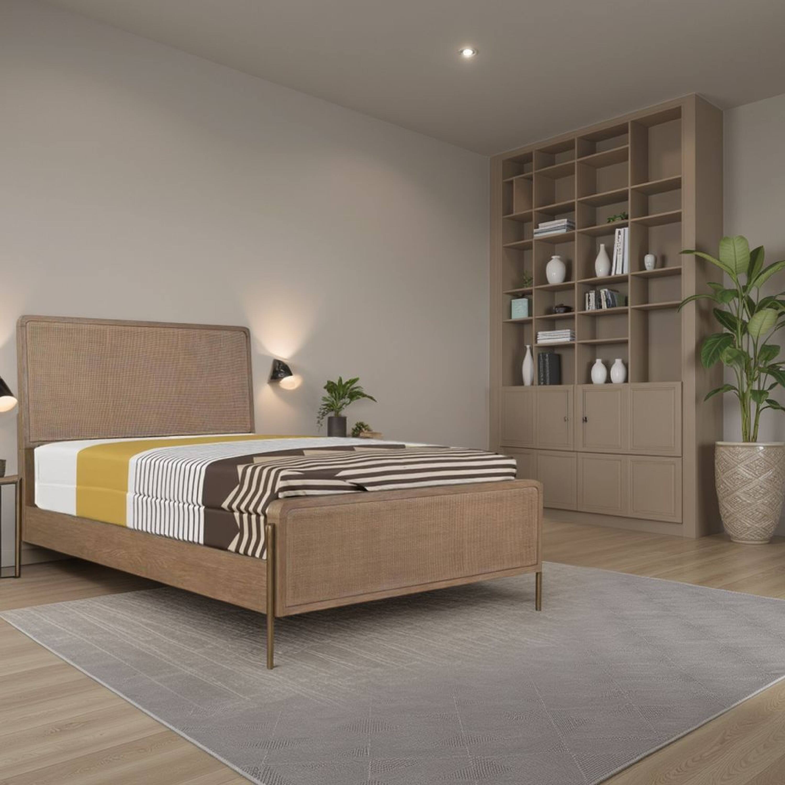 Alt View 5. Manhattan Lane - Sea Wood Queen Size Bed with Woven Cane Design, Open Panel, 4 Slats - Brown.